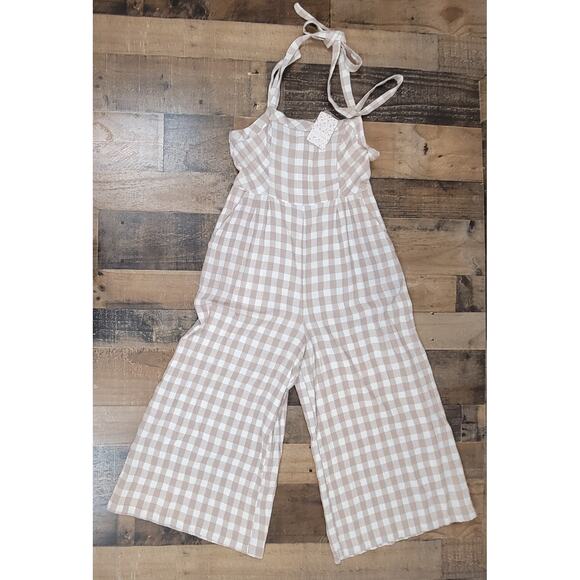 NWT Free People Seersucker Plaid Neutral Gingham Wide Leg Jumpsuit‎ Womens 8 - Picture 6 of 16